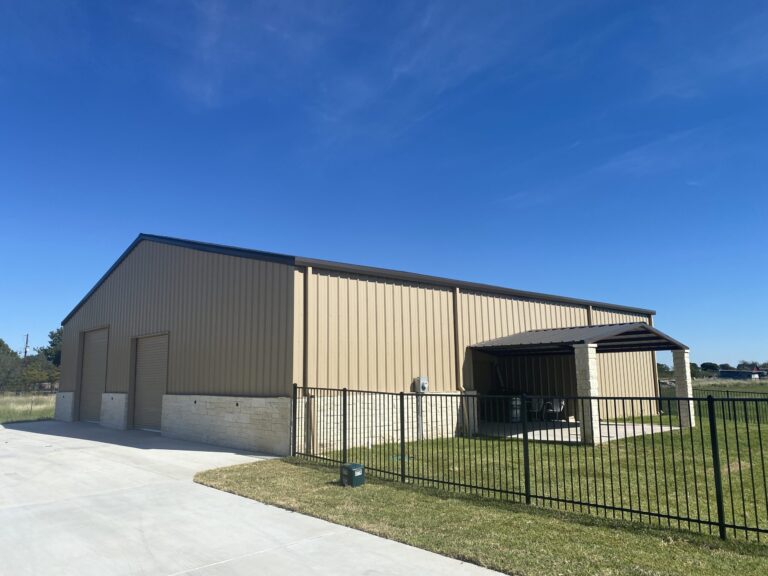 Burnished Slate and Sahara Tan Steel Building.